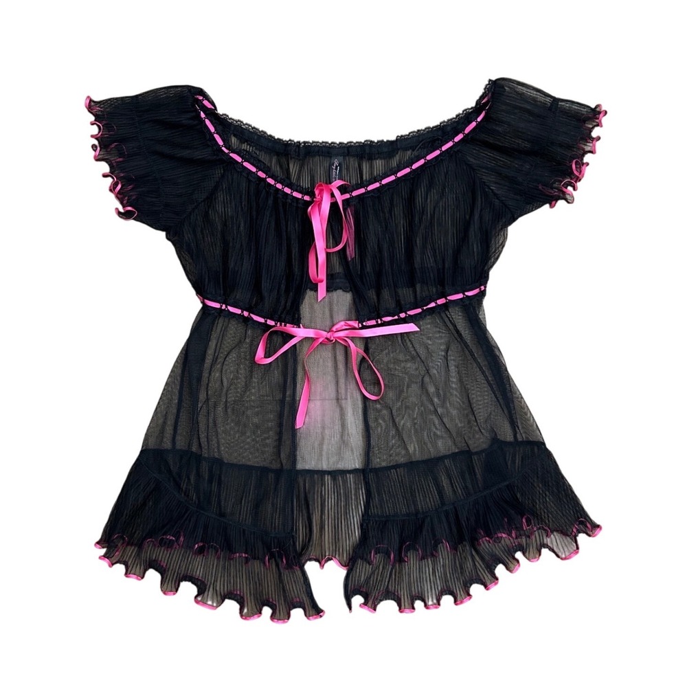 Vintage Victoria's Secret Sexy Little Things Black Pink‎ sheer Babydoll Top M/L